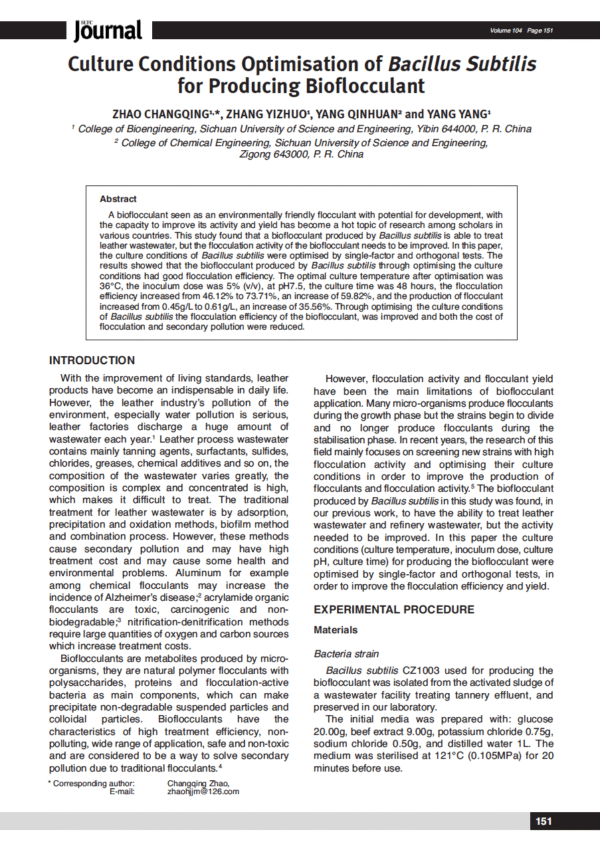 Culture Conditions Optimisation of Bacillus Subtilis for Producing Bioflocculant