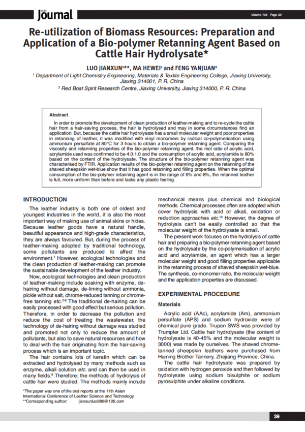 Re-utilization of Biomass Resources: Preparation and Application of a Bio-polymer Retanning Agent Based on Cattle Hair Hydrolysate
