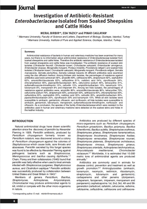 Investigation of Antibiotic-Resistant Enterobacteriaceae Isolated from Soaked Sheepskins and Cattle Hides