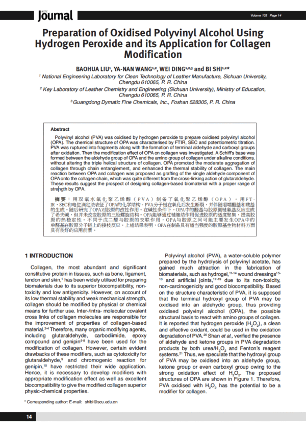 Preparation of Oxidised Polyvinyl Alcohol Using Hydrogen Peroxide and its Application for Collagen Modification