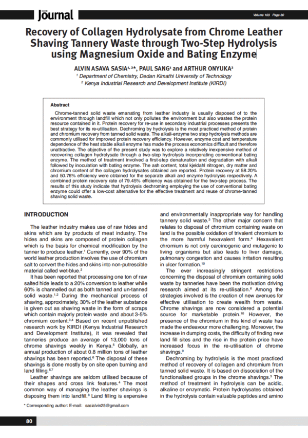 Recovery of Collagen Hydrolysate from Chrome Leather Shaving Tannery Waste through Two-Step Hydrolysis using Magnesium Oxide and Bating Enzyme