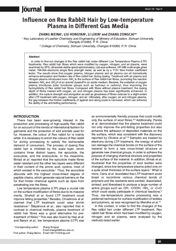 Influence on Rex Rabbit Hair by Low-temperature Plasma in Different Gas Media