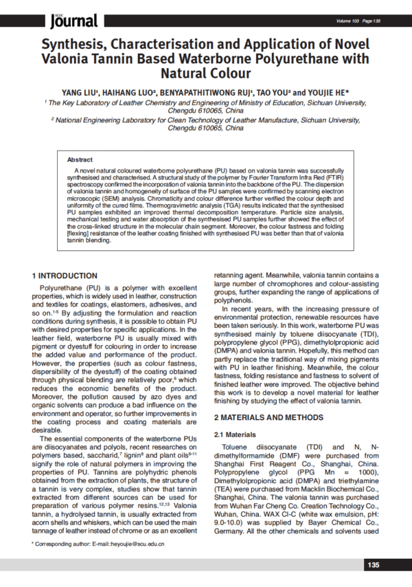 Synthesis, Characterisation and Application of Novel Valonia Tannin Based Waterborne Polyurethane with Natural Colour