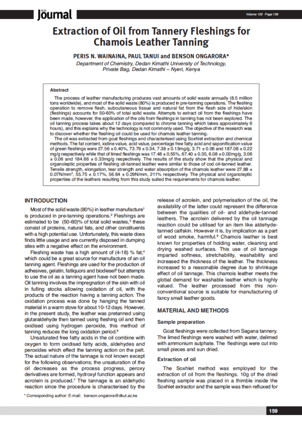 Extraction of Oil from Tannery Fleshings for Chamois Leather Tanning