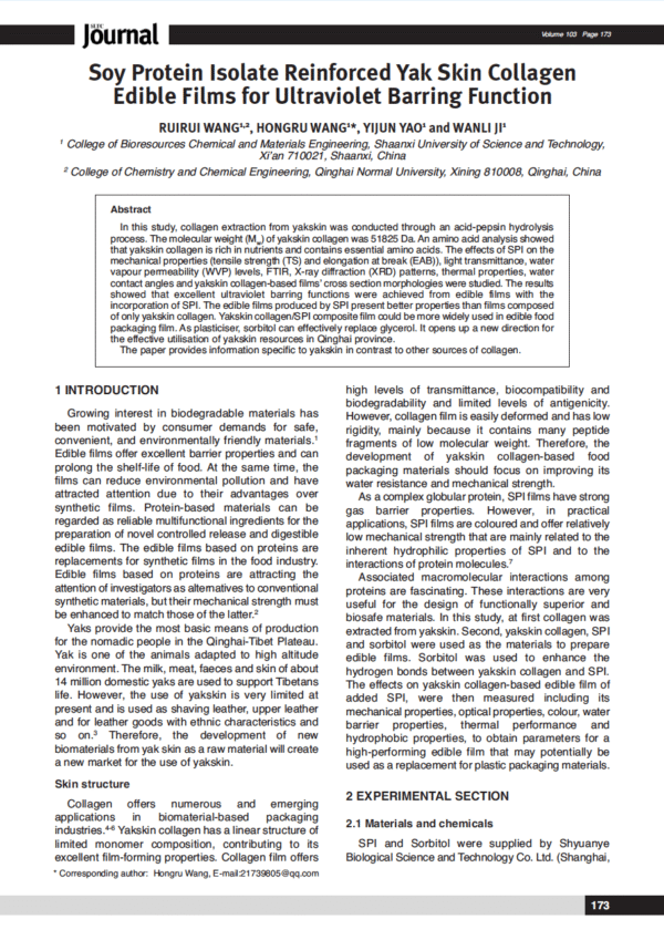 Soy Protein Isolate Reinforced Yak Skin Collagen Edible Films for Ultraviolet Barring Function
