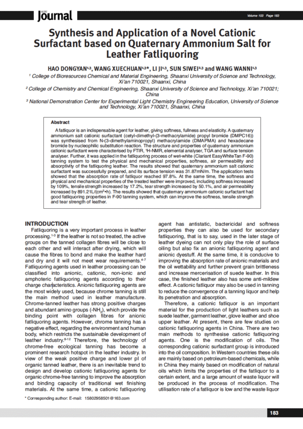 Synthesis and Application of a Novel Cationic Surfactant based on Quaternary Ammonium Salt for Leather Fatliquoring