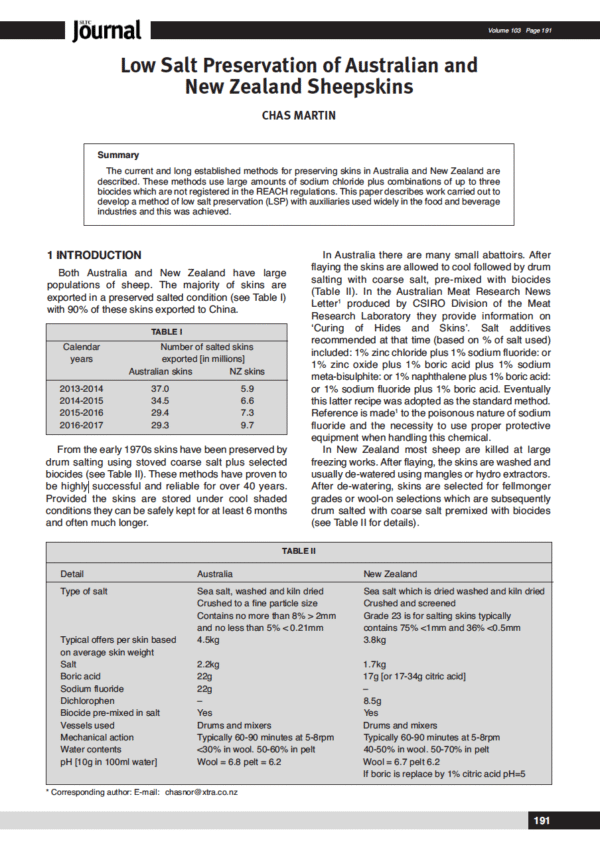 Low Salt Preservation of Australian and New Zealand Sheepskins