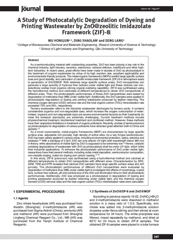 A Study of Photocatalytic Degradation of Dyeing and Printing Wastewater by ZnO@zeolitic Imidazolate Framework (ZIF)-8