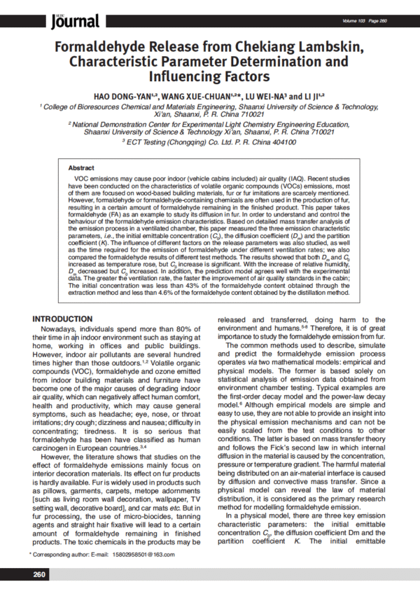 Formaldehyde Release from Chekiang Lambskin, Characteristic Parameter Determination and Influencing Factors
