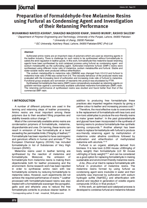 Preparation of Formaldehyde-free Melamine Resins using Furfural as Condensing Agent and Investigation of their Retanning Performance