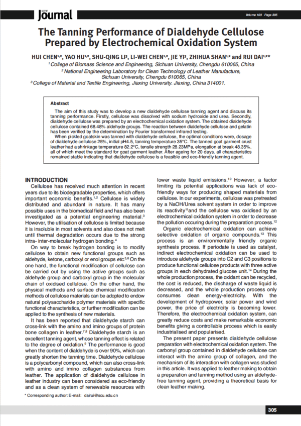 The Tanning Performance of Dialdehyde Cellulose Prepared by Electrochemical Oxidation System