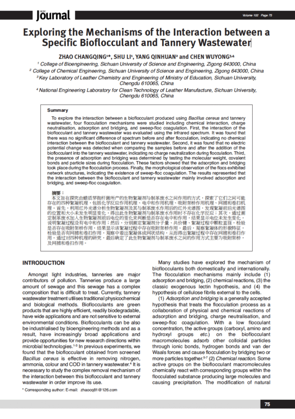Exploring the Mechanisms of the Interaction between a Specific Bioflocculant and Tannery Wastewater