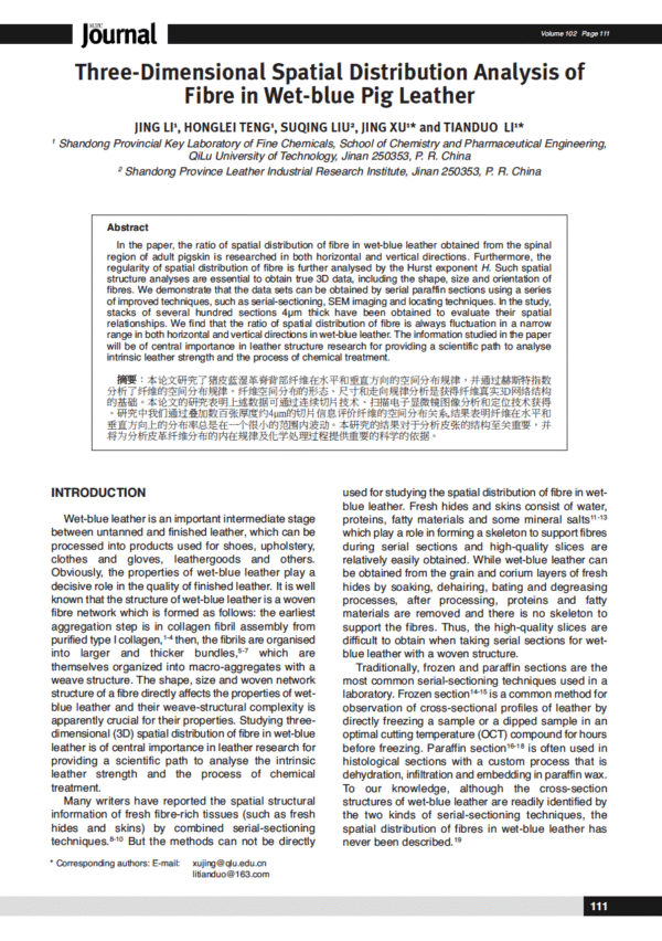 Three-Dimensional Spatial Distribution Analysis of Fibre in Wet-blue Pig Leather