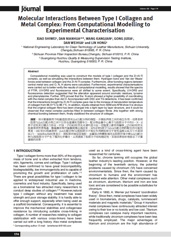 Molecular Interactions Between Type I Collagen and Metal Complex: From Computational Modelling to Experimental Characterisation