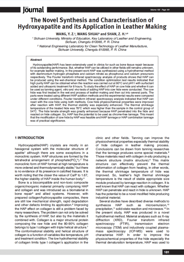 The Novel Synthesis and Characterisation of Hydroxyapatite and its Application in Leather Making