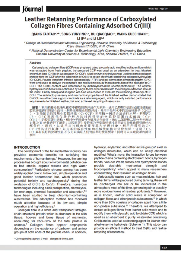 Leather Retanning Performance of Carboxylated Collagen Fibres Containing Adsorbed Cr(III)