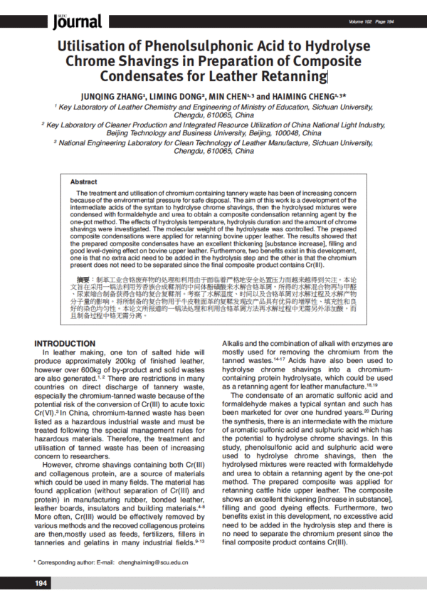Utilisation of Phenolsulphonic Acid to Hydrolyse Chrome Shavings in Preparation of Composite Condensates for Leather Retanning