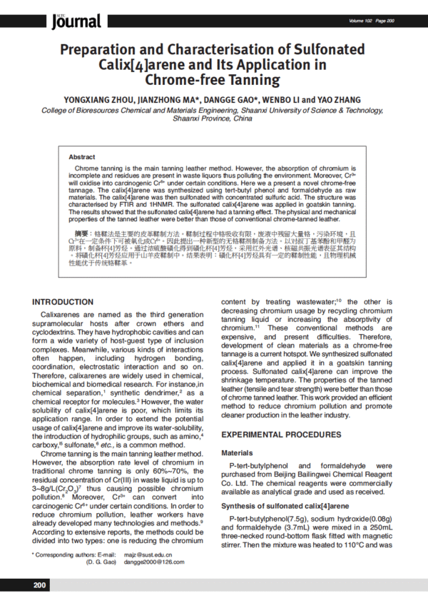 Preparation and Characterisation of Sulfonated Calix[4]arene and Its Application in Chrome-free Tanning
