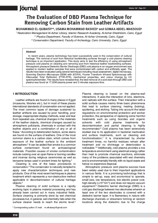 The Evaluation of DBD Plasma Technique for Removing Carbon Stain from Leather Artifacts