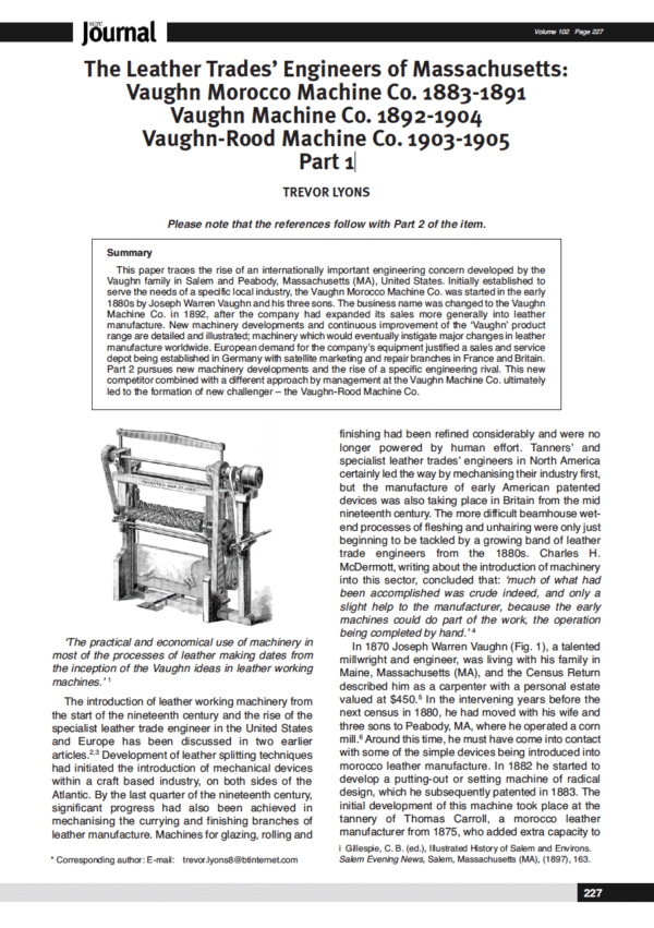 The Leather Trades’ Engineers of Massachusetts: Vaughn Morocco Machine Co. 1883-1891 Vaughn Machine Co. 1892-1904 Vaughn-Rood Machine Co. 1903-1905 Part 1