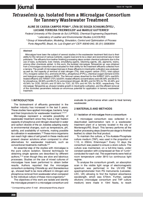 Tetraselmis sp. Isolated from a Microalgae Consortium for Tannery Wastewater Treatment