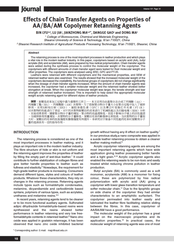 Effects of Chain Transfer Agents on Properties of AA/BA/AM Copolymer Retanning Agents