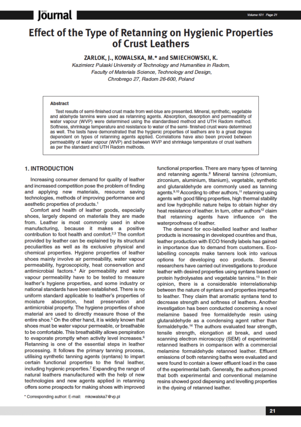 Effect of the Type of Retanning on Hygienic Properties of Crust Leathers