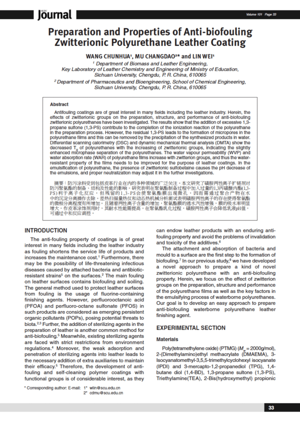 Preparation and Properties of Anti-biofouling Zwitterionic Polyurethane Leather Coating