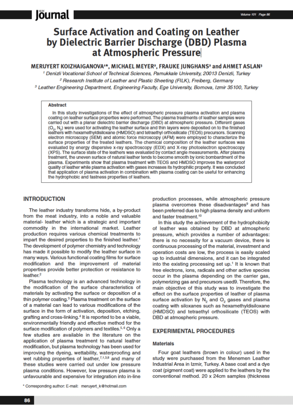 Surface Activation and Coating on Leather by Dielectric Barrier Discharge (DBD) Plasma at Atmospheric Pressure