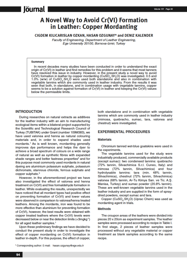 A Novel Way to Avoid Cr(VI) Formation in Leather: Copper Mordanting