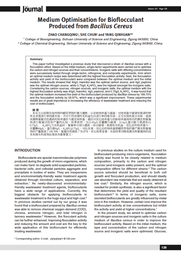 Medium Optimisation for Bioflocculant Produced from Bacillus Cereus