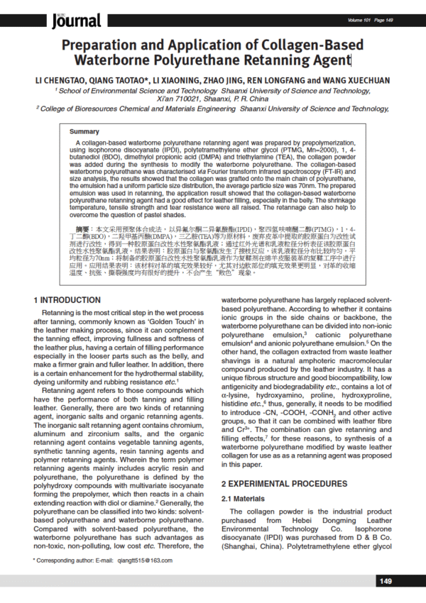 Preparation and Application of Collagen-Based Waterborne Polyurethane Retanning Agent