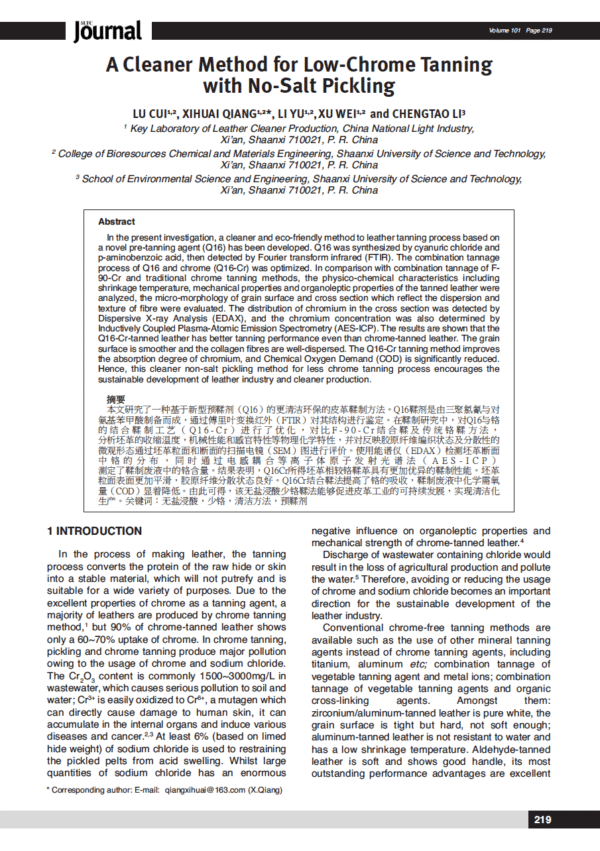 A Cleaner Method for Low-Chrome Tanning with No-Salt Pickling