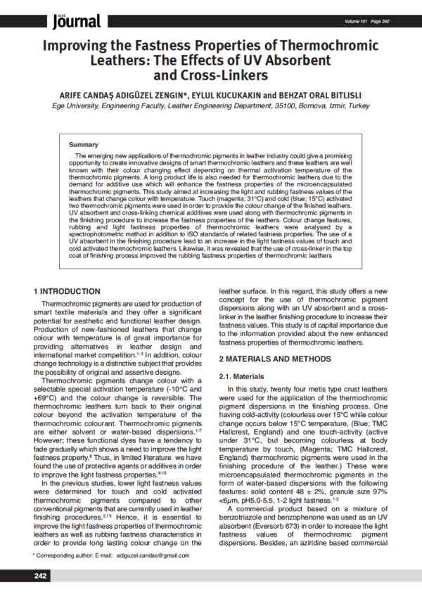 Improving the Fastness Properties of Thermochromic Leathers: The Effects of UV Absorbent and Cross-Linkers