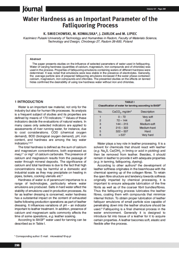 Water Hardness as an Important Parameter of the Fatliquoring Process