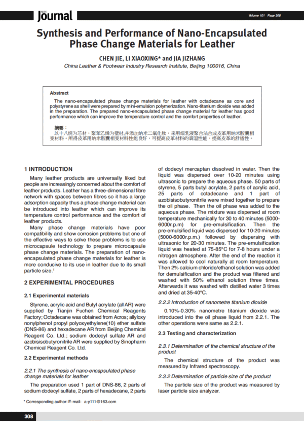 Synthesis and Performance of Nano-Encapsulated Phase Change Materials for Leather