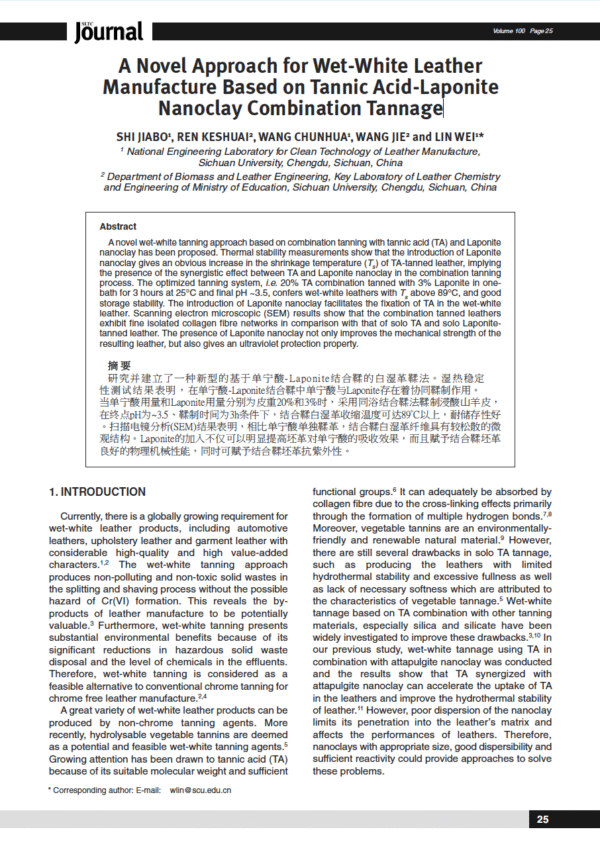 A Novel Approach for Wet-White Leather Manufacture Based on Tannic Acid-Laponite Nanoclay Combination Tannage