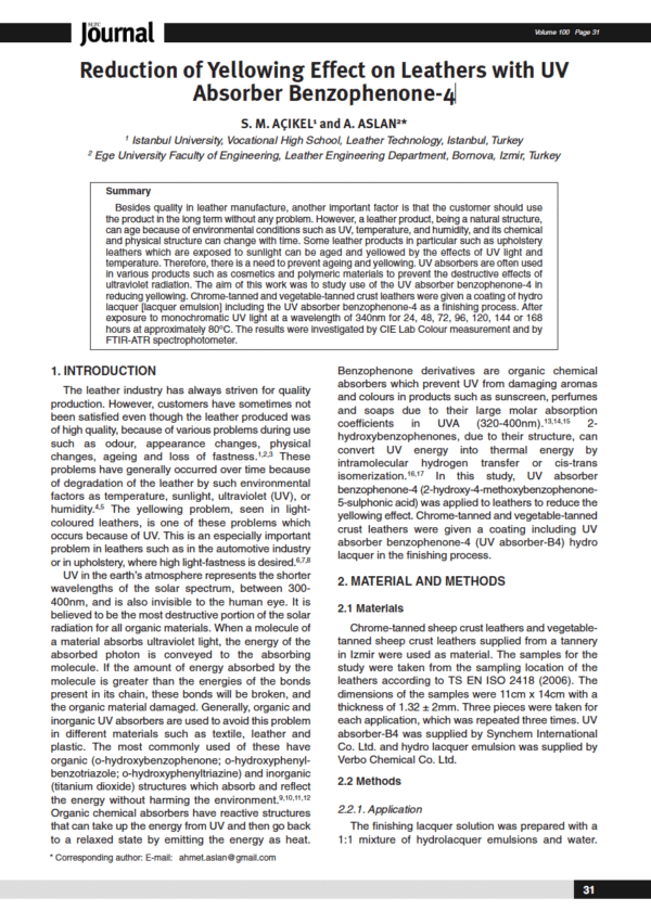 Reduction of Yellowing Effect on Leathers with UV Absorber Benzophenone-4