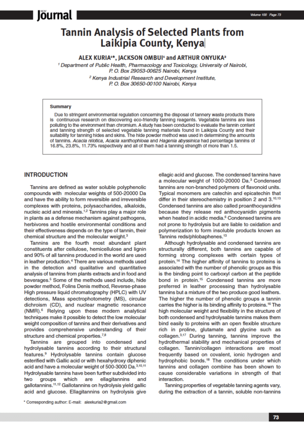 Tannin Analysis of Selected Plants from Laikipia County, Kenya