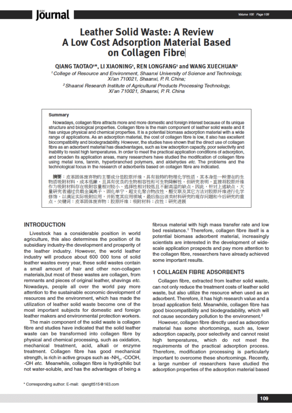 Leather Solid Waste: A Review A Low Cost Adsorption Material Based on Collagen Fibre