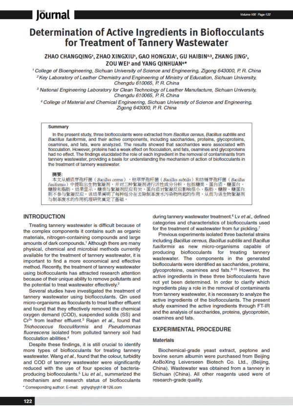Determination of Active Ingredients in Bioflocculants for Treatment of Tannery Wastewater