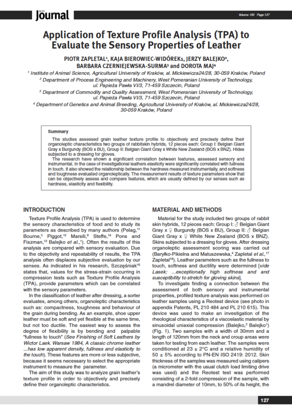 Application of Texture Profile Analysis (TPA) to Evaluate the Sensory Properties of Leather