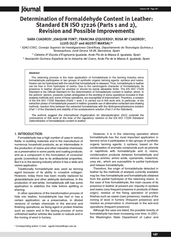 Determination of Formaldehyde Content in Leather: Standard EN ISO 17226 (Parts 1 and 2), Revision and Possible Improvements