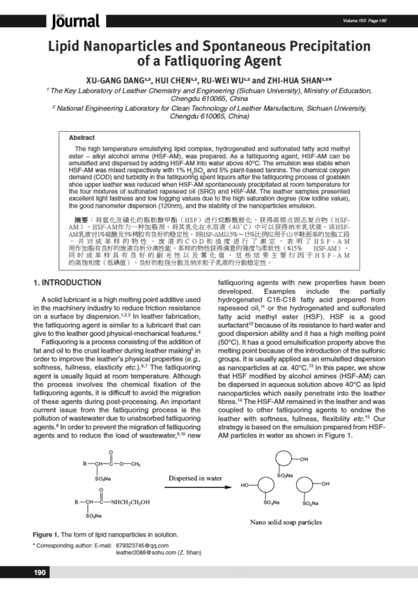 Lipid Nanoparticles and Spontaneous Precipitation of a Fatliquoring Agent