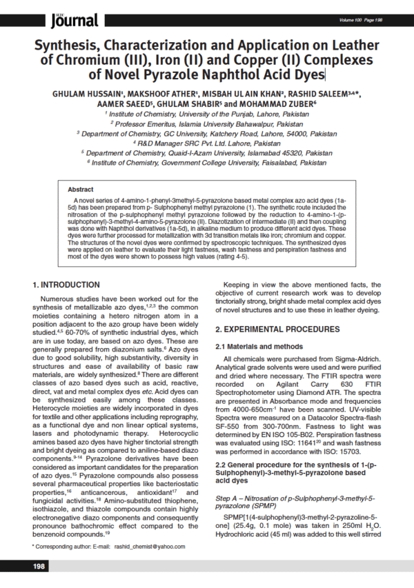 Synthesis, Characterization and Application on Leather of Chromium (III), Iron (II) and Copper (II) Complexes of Novel Pyrazole Naphthol Acid Dyes