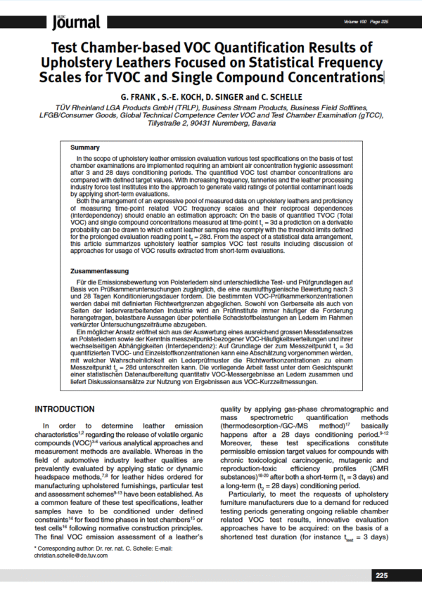 Test Chamber-based VOC Quantification Results of Upholstery Leathers Focused on Statistical Frequency Scales for TVOC and Single Compound Concentrations