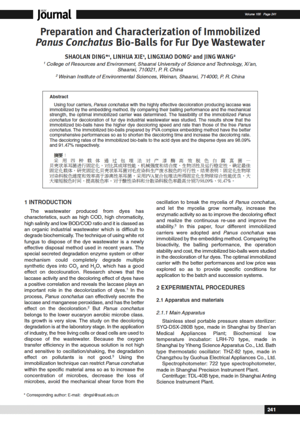 Preparation and Characterization of Immobilized Panus Conchatus Bio-Balls for Fur Dye Wastewater