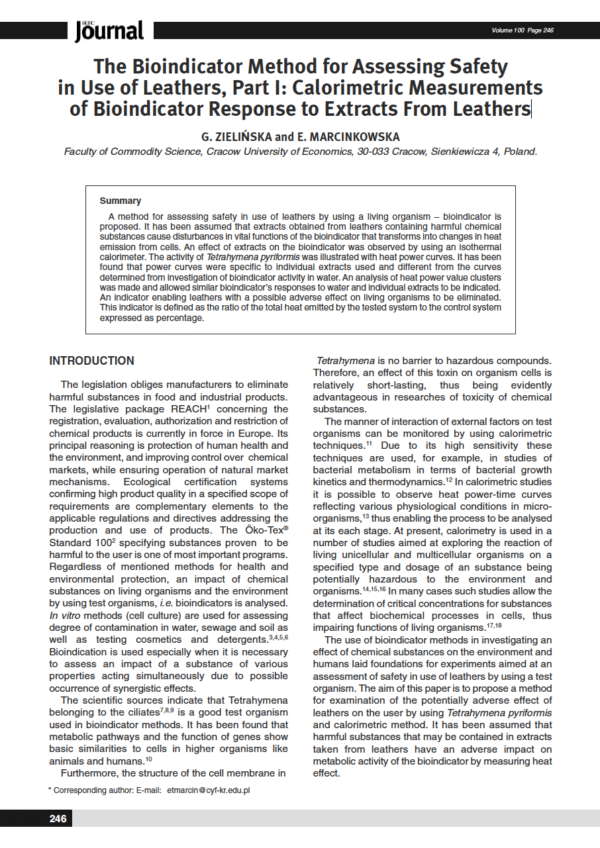 The Bioindicator Method for Assessing Safety in Use of Leathers, Part I: Calorimetric Measurements of Bioindicator Response to Extracts From Leathers