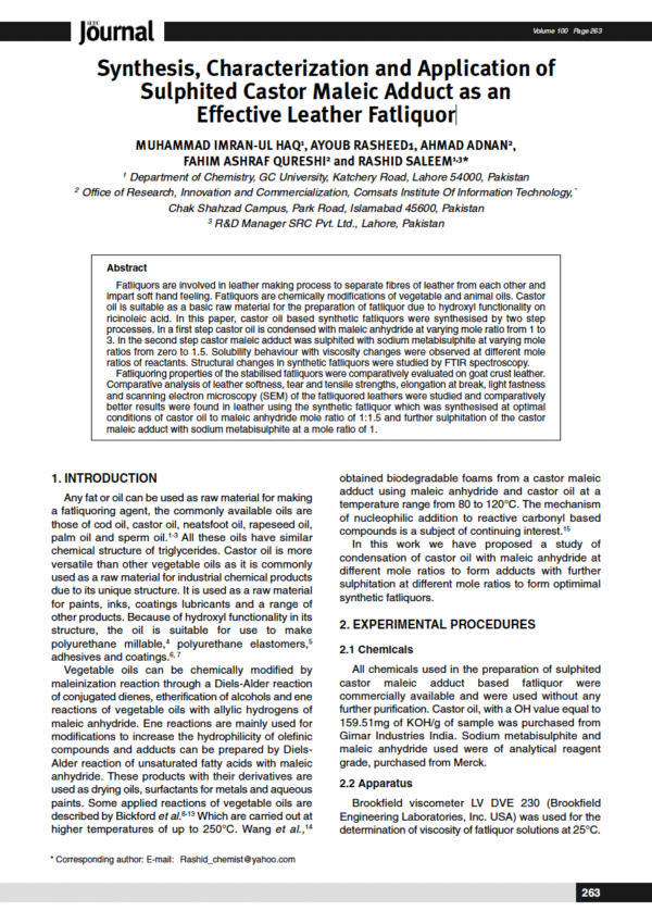 Synthesis, Characterization and Application of Sulphited Castor Maleic Adduct as an Effective Leather Fatliquor
