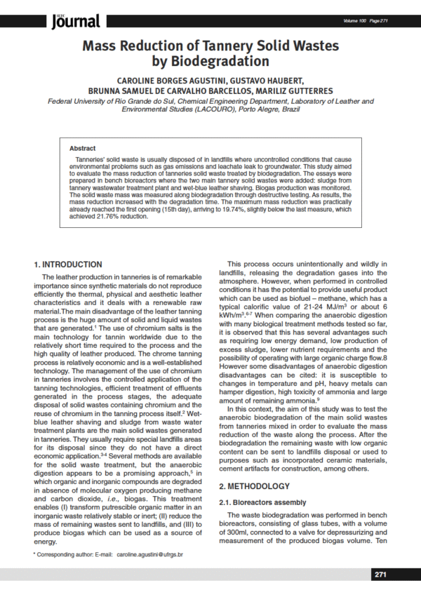 Mass Reduction of Tannery Solid Wastes by Biodegradation